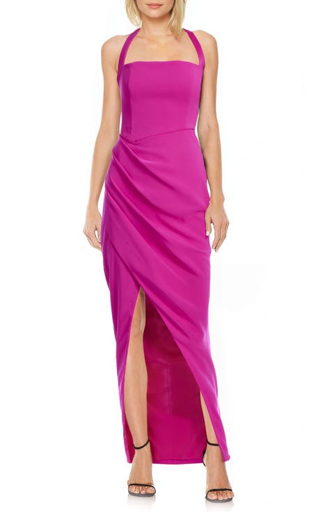 Halter Side Ruched Column Gown