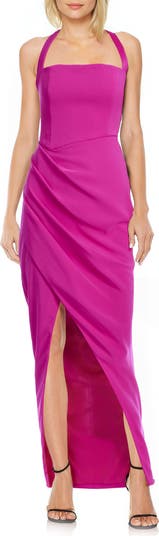Badgley Mischka SALE ラッフル トリム ロングドレス ピンク Draped Shirred Dress with Deep V-Neck by Badgley Mischka