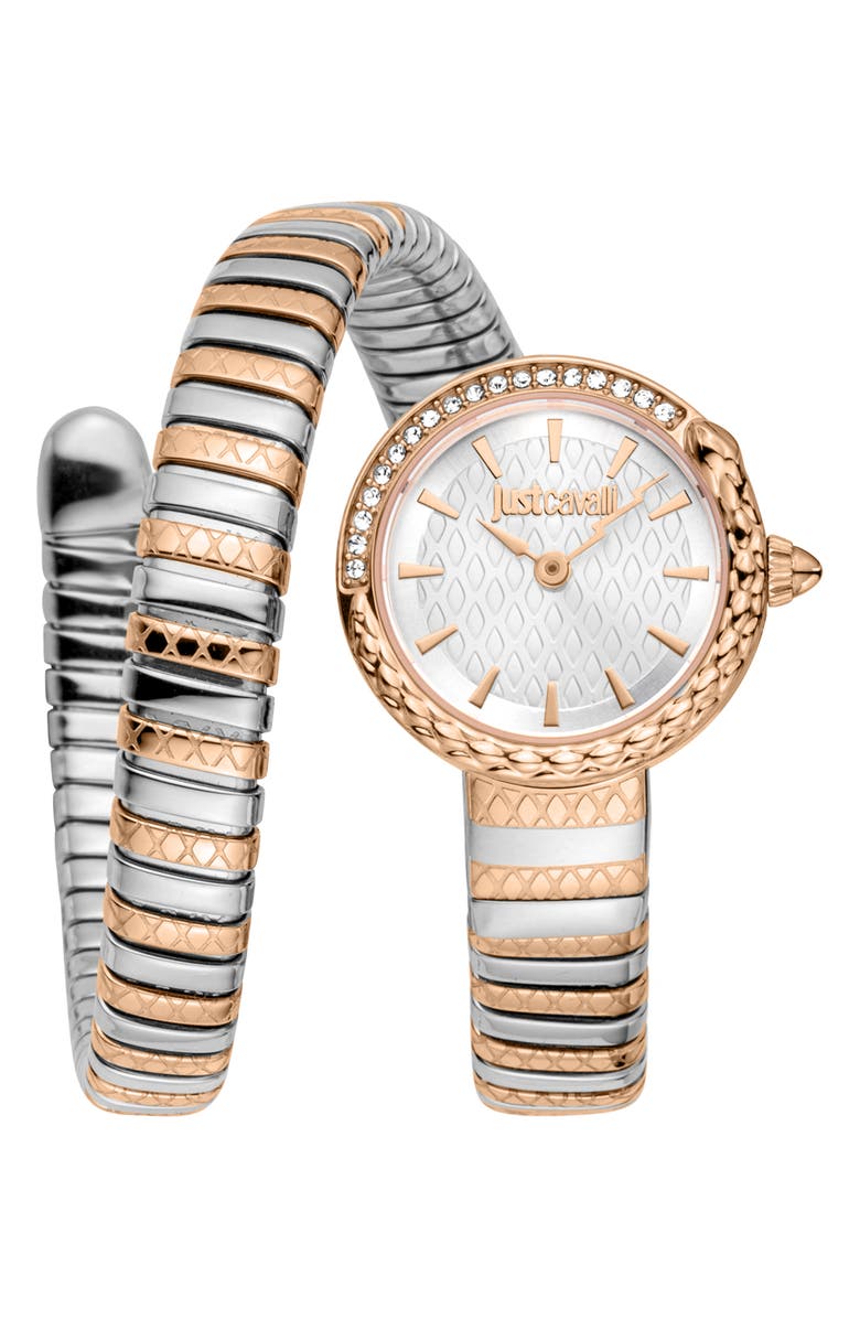 Just Cavalli Cerchio Snake Wraparound Bracelet Watch, 22mm, Main, color, Two Tone Silver/ Rose Gold