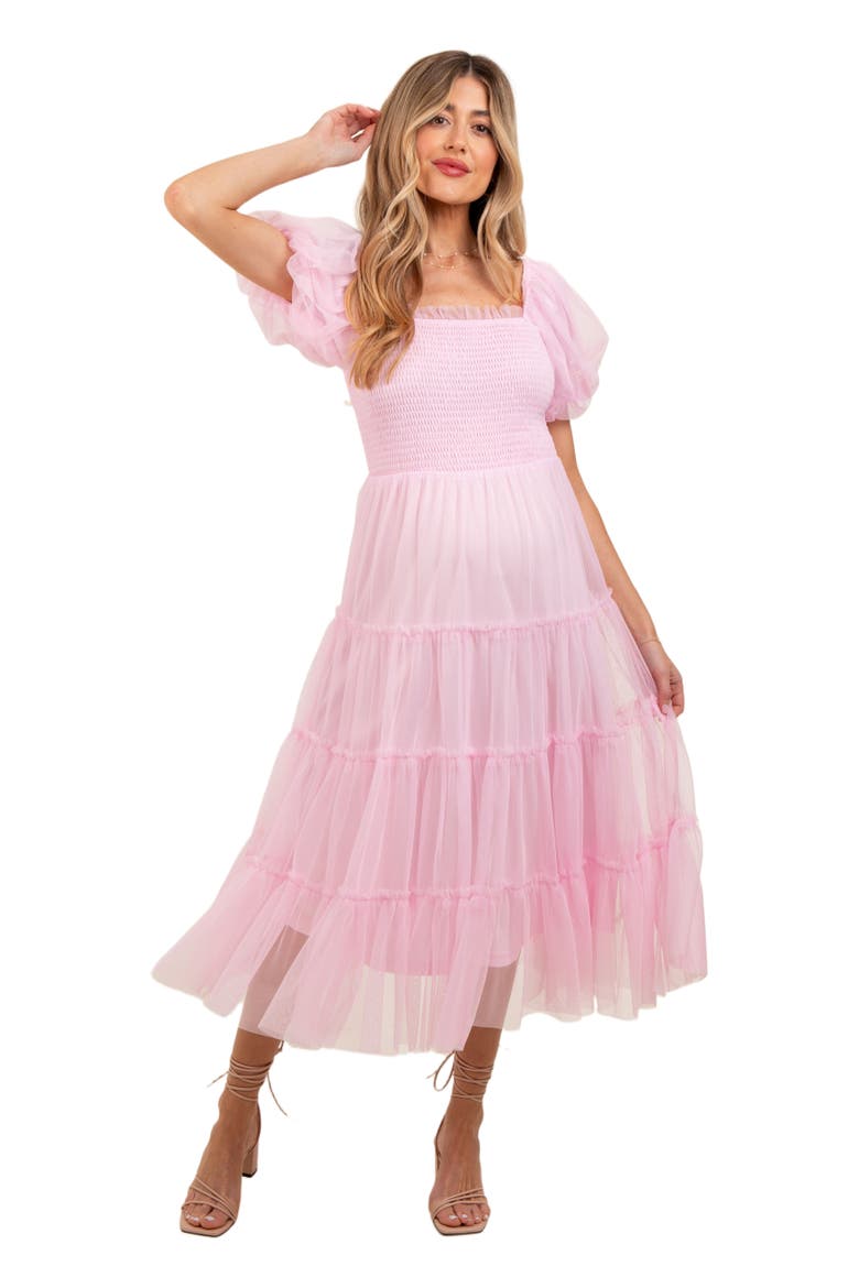 Smocked Tiered Tulle Midi Dress, Alternate, color, Light Pink