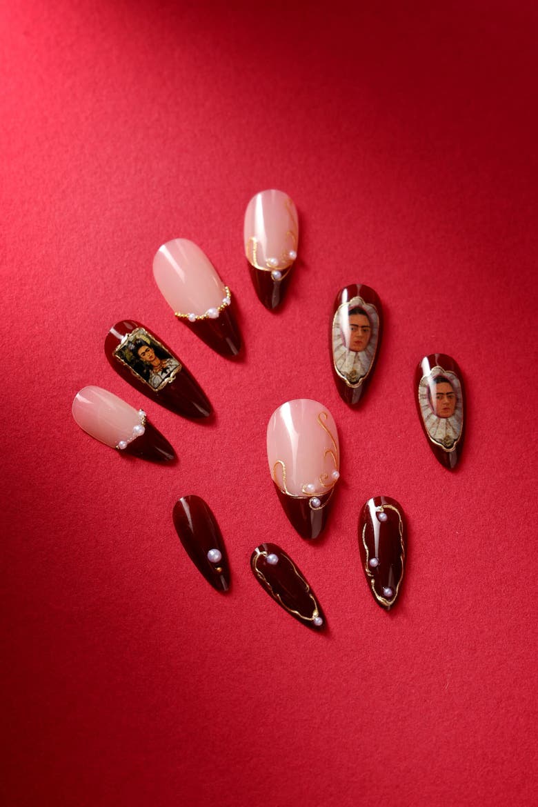 Frida Kahlo Almond Press On Nails, Alternate, color, Red