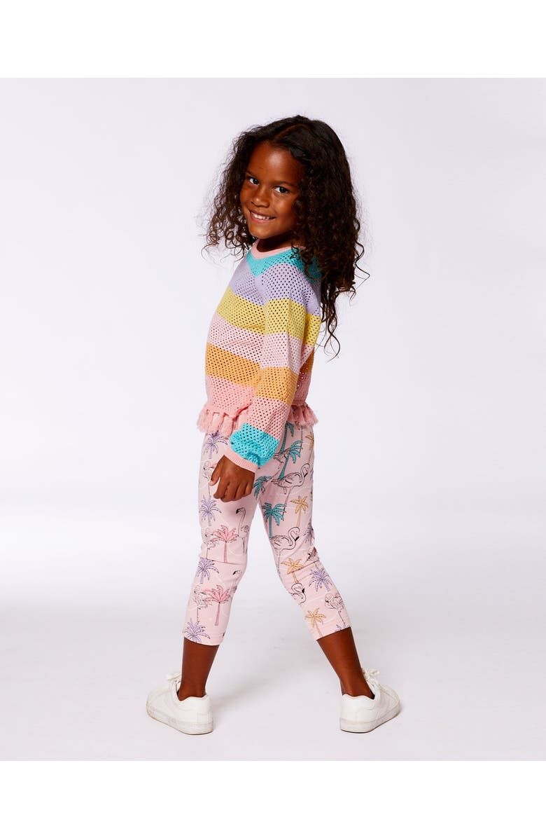 Deux par Deux Girl's Printed Organic Cotton Capri Legging Palm Trees, Pink Flamingo, And Turquoise, Alternate, color, 
