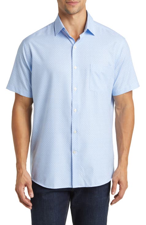 Geo Petals Print Performance Poplin Short Sleeve Button-Up Shirt