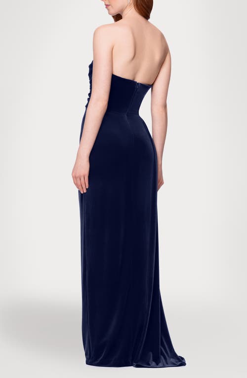 Blondie Nites Drape Strapless Velvet Gown In Blue