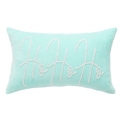 Ho Ho Ho Sky Blue Velvet Beaded Throw Pillow