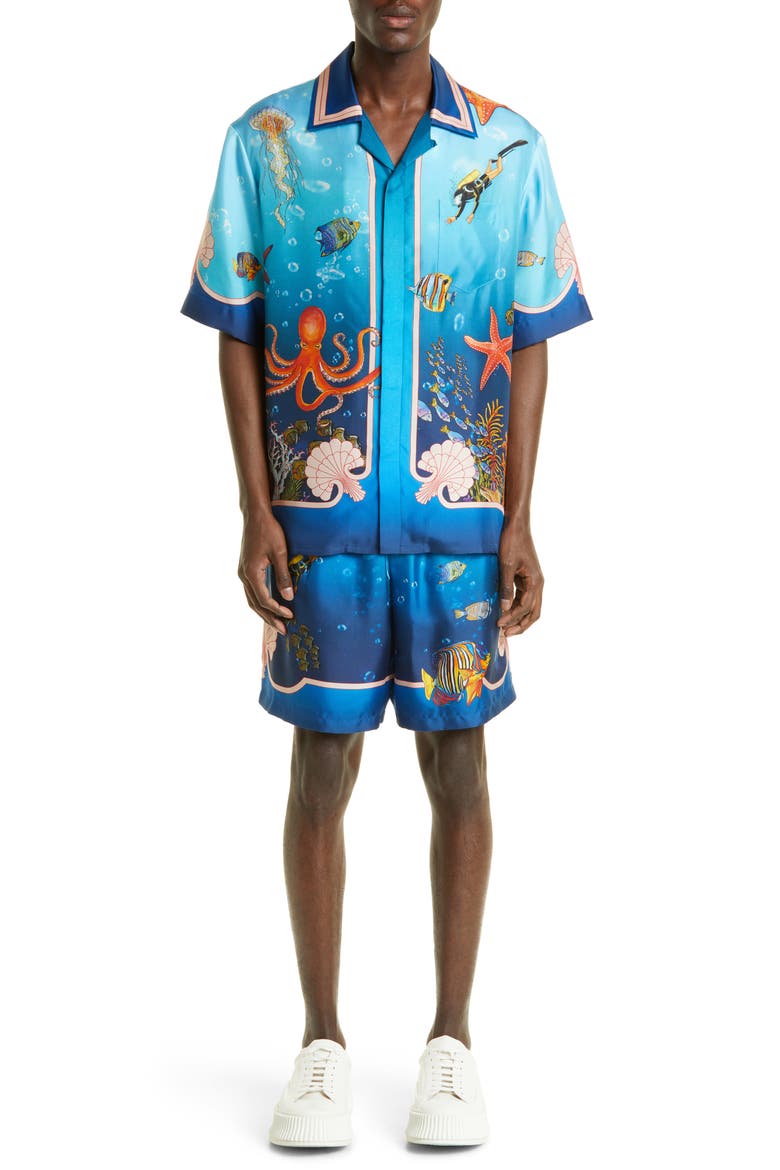 Fond Marin Print Short Sleeve Silk Camp Shirt, Alternate, color, FOND MARIN