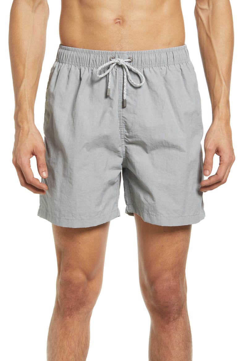Solid Washed Water Repellent Swim Trunks, Main, color, CEMENT GREY