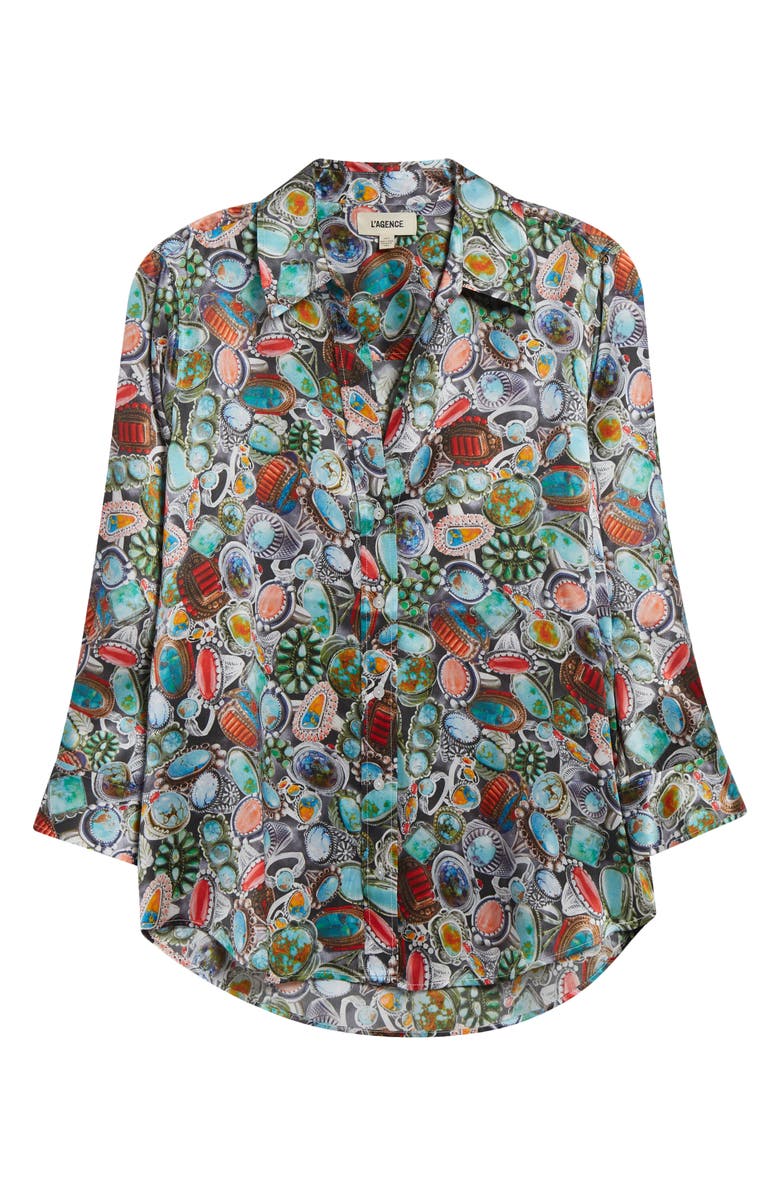 L'AGENCE Dani Mixed Ring Print Silk Button-Up Shirt, Alternate, color, Multi Mix Turquoise Rings