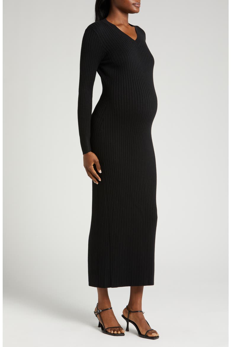 Women's Ribbed Long Sleeve V-Neck Midi Sweater Dress, Alternate, color, SOFT BLACK
