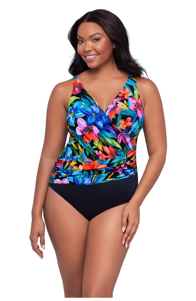 Trimshaper Addison Surplice One-Piece Control Swimsuit, Main, color, Tropical Treasure