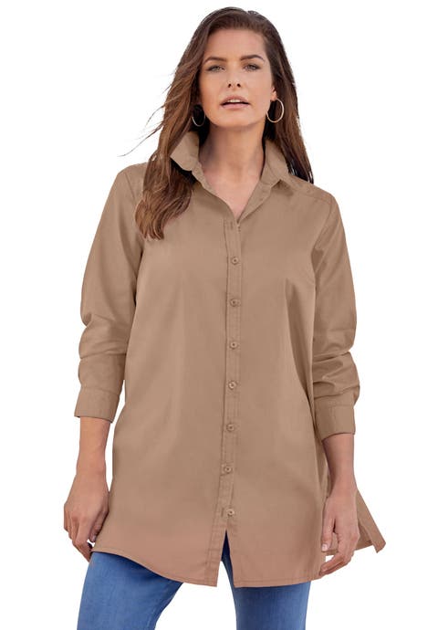 Kate Long-Sleeve Crisp Cotton-Blend Button-Front Tunic (Plus)