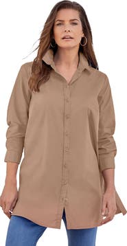 Roaman's Kate Long Sleeve Crisp Cotton Blend Button Front Tunic