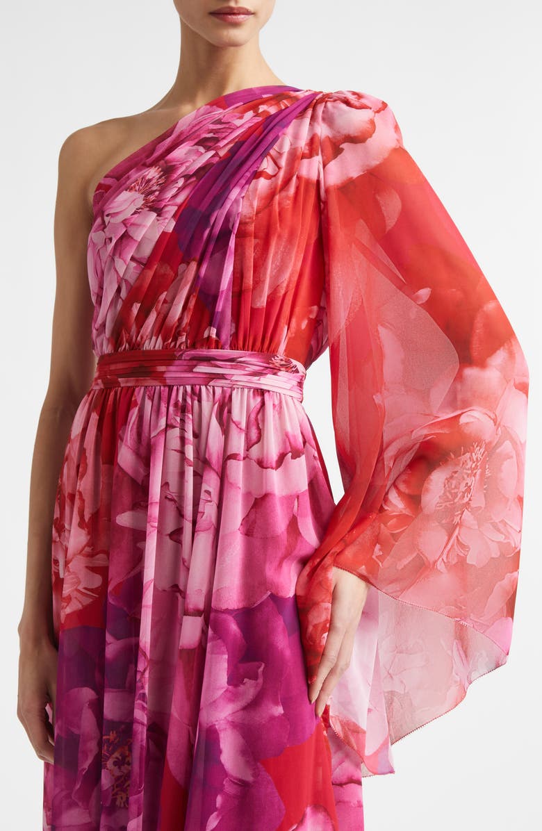 ST. JOHN Le Jardin Print Georgette One-Shoulder Gown, Alternate, color, Cherry Pink / Peony Multi