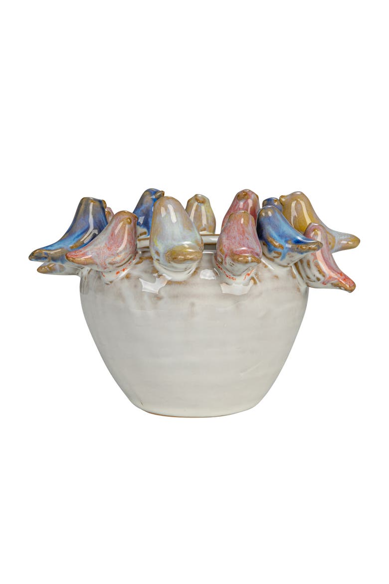 Stoneware Planter with Birds on Rim and Reactive Glaze, Multicolor, Alternate, color, Multicolor