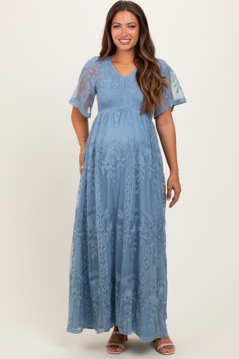 Smocked Top Lace Maxi Dress, Main, color, Blue