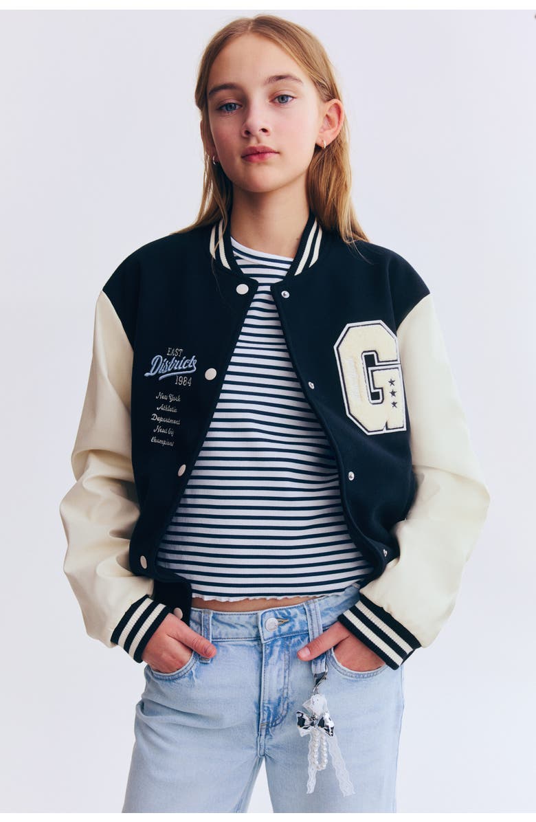 H&M Appliquéd Baseball Jacket, Alternate, color, Navy Blue/East District