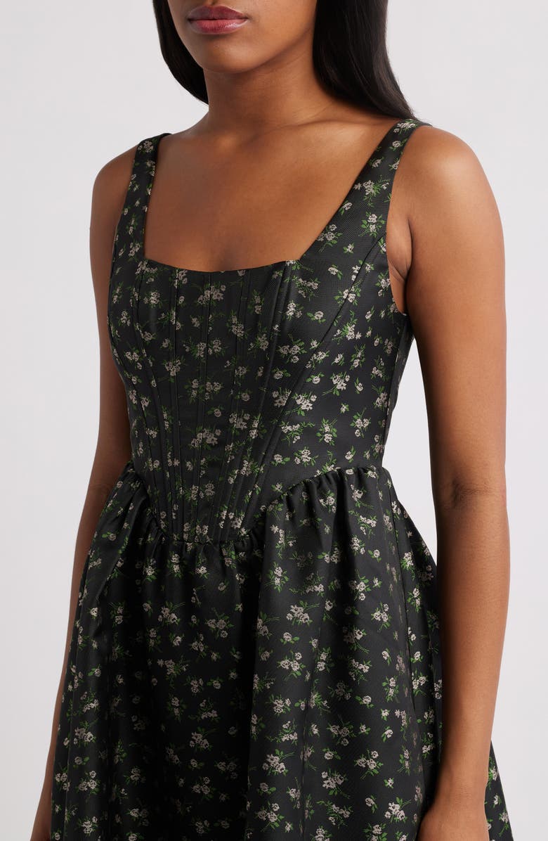 Lulus Celine Floral Corset Cocktail Midi Dress, Alternate, color, Black Multi