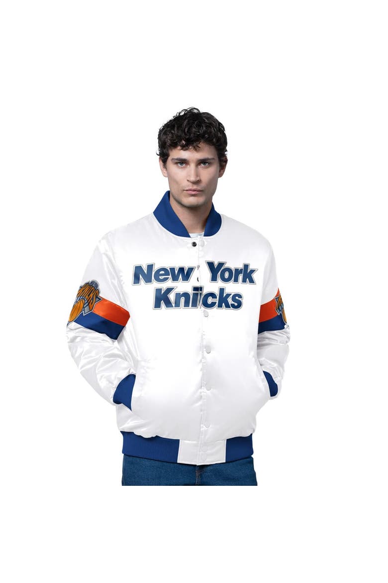 Men's Starter White New York Knicks Triple Option Varsity Full-Snap Satin Jacket, Main, color, White