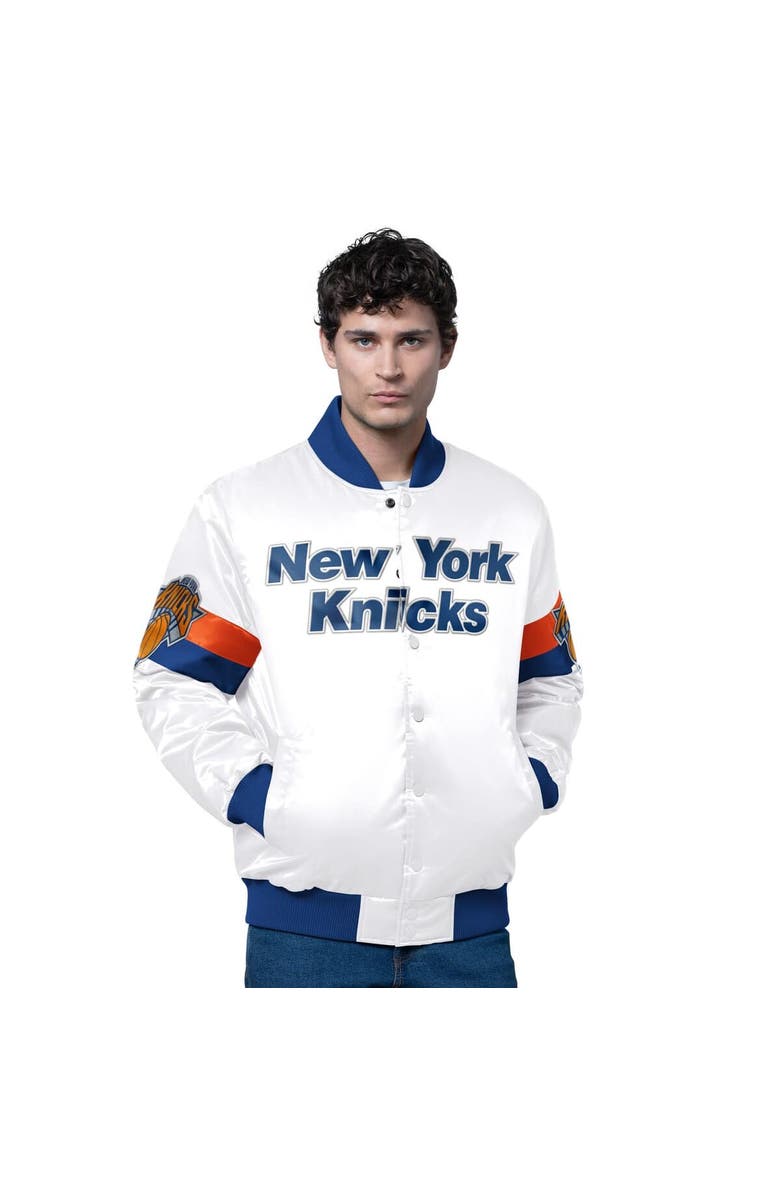 STARTER Men's Starter White New York Knicks Triple Option Varsity Full-Snap Satin Jacket, Main, color, White