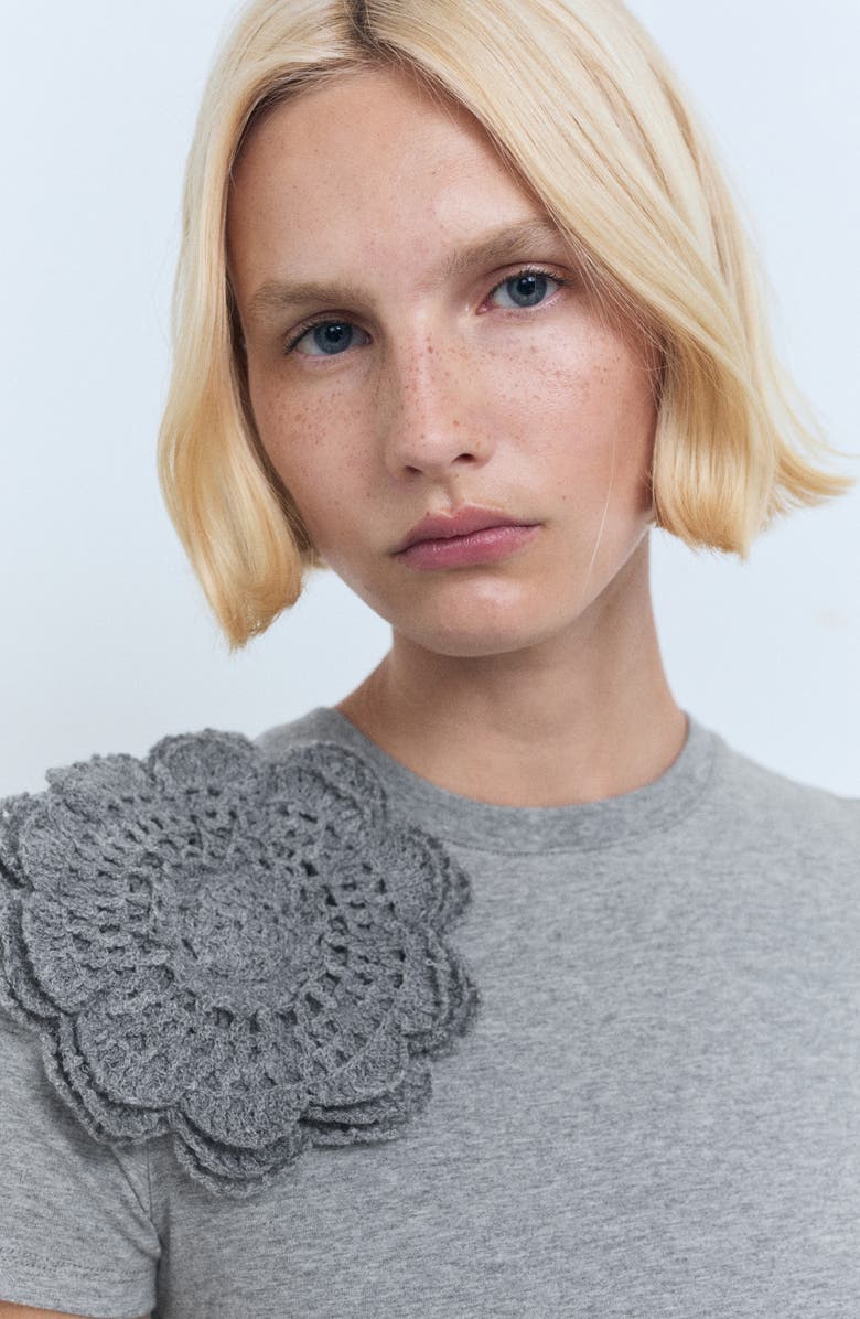 MANGO 3D Flower Stretch Cotton T-Shirt, Alternate, color, Medium Heather Grey