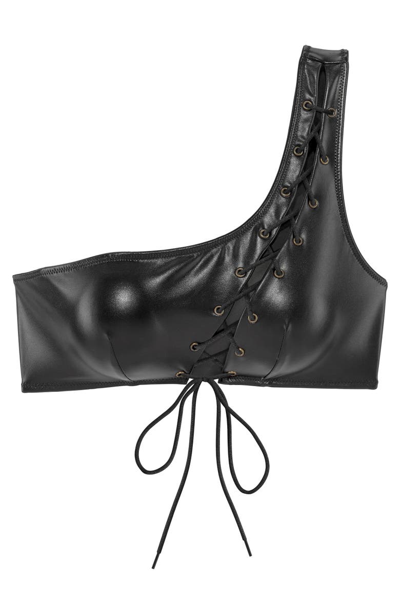 Lace Up One Shoulder Bra, Alternate, color, Black
