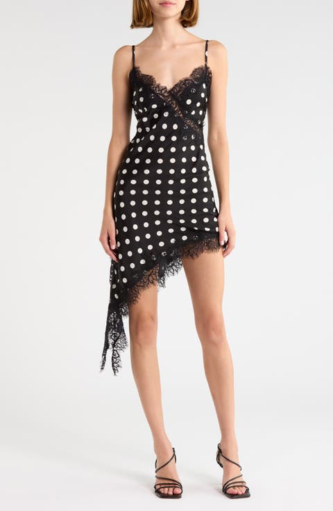Afterdark Lace Trim Polka Dot Asymmetric Slipdress