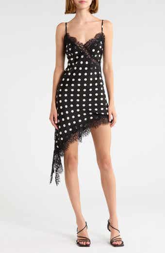 Afterdark Lace Trim Polka Dot Asymmetric Slipdress