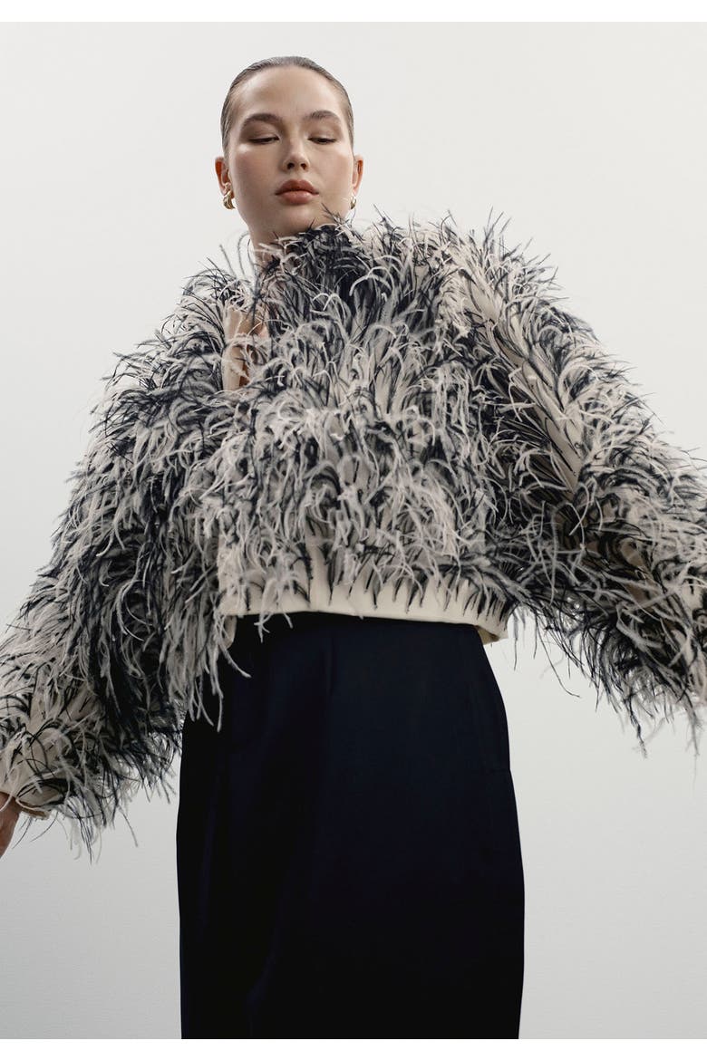 Ostrich Feather Cropped Jacket, Alternate, color, CREAM AND BLACK