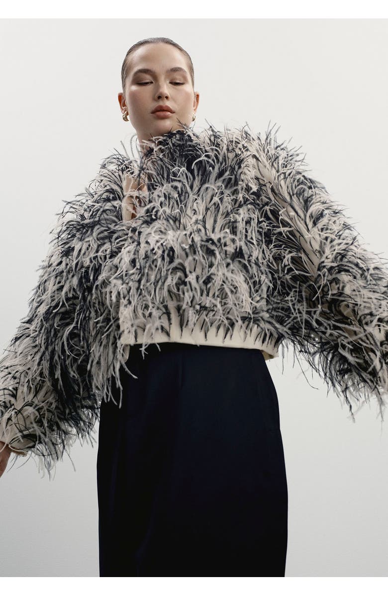 11 Honoré Ostrich Feather Cropped Jacket, Alternate, color, Cream And Black