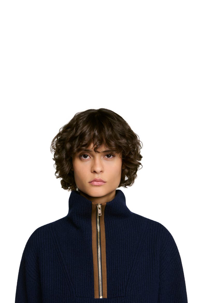 Wool and cashmere half-zip sweater, Alternate, color, Navy blue