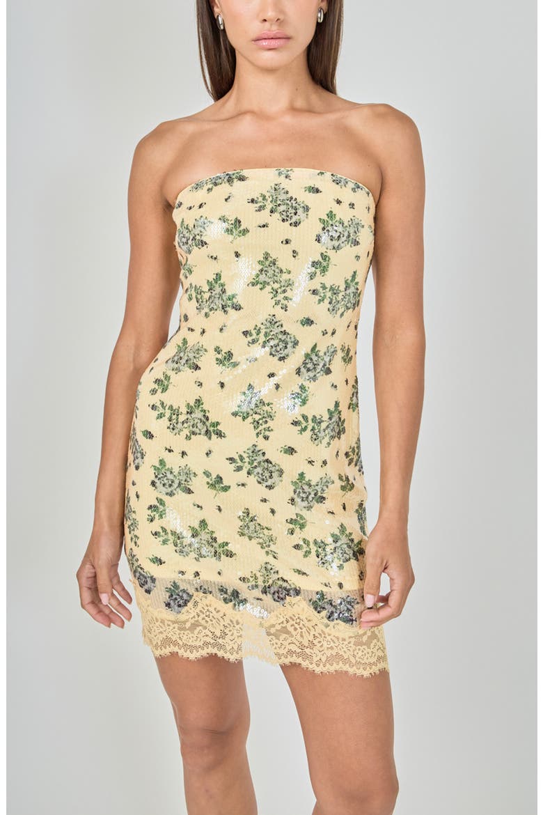 Floral Sequin Strapless Minidress, Alternate, color, LEMON MULTI