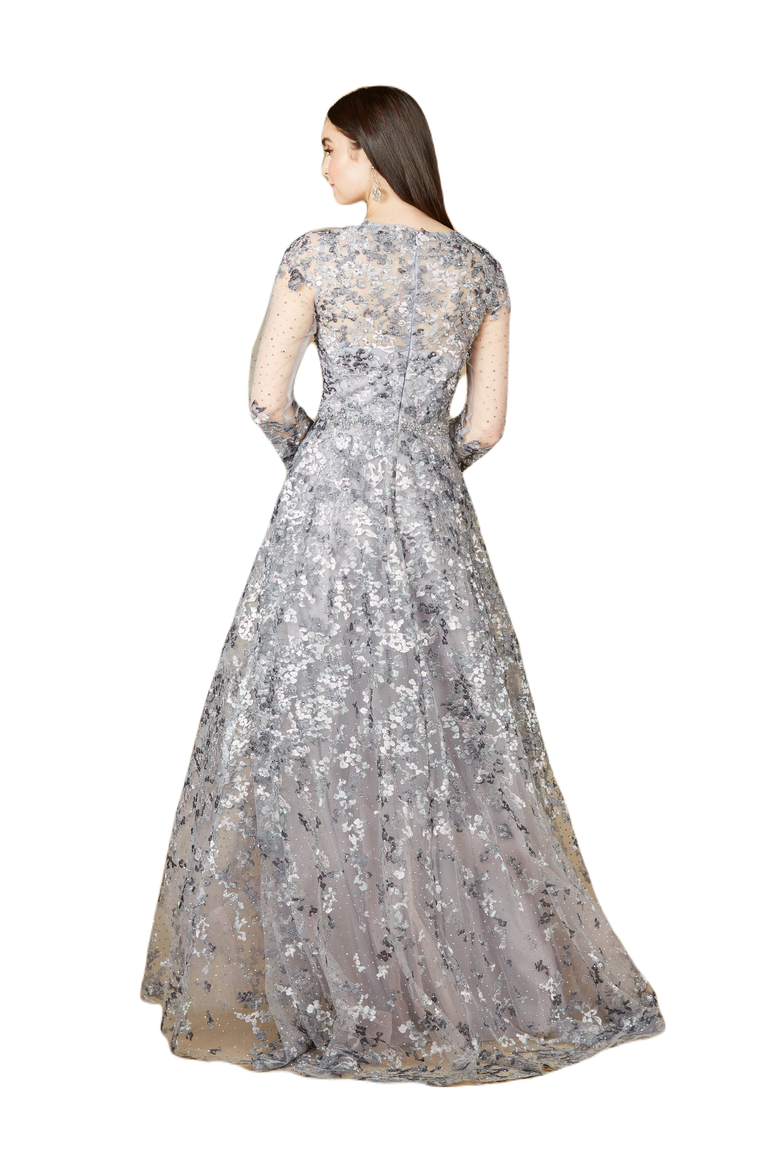 A-line Gown With Long Sleeves, V-Neckline, Alternate, color, DustyPurple