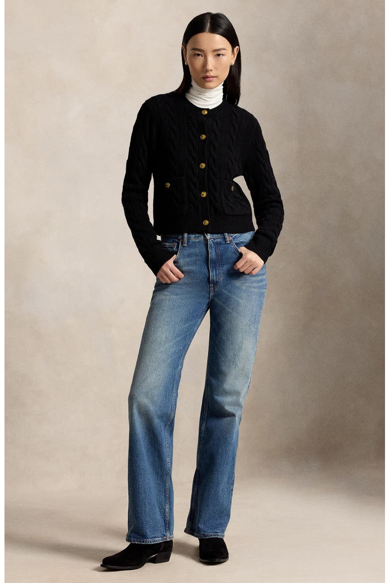 Cable Knit Wool & Cashmere Cardigan, Alternate, color, BLACK