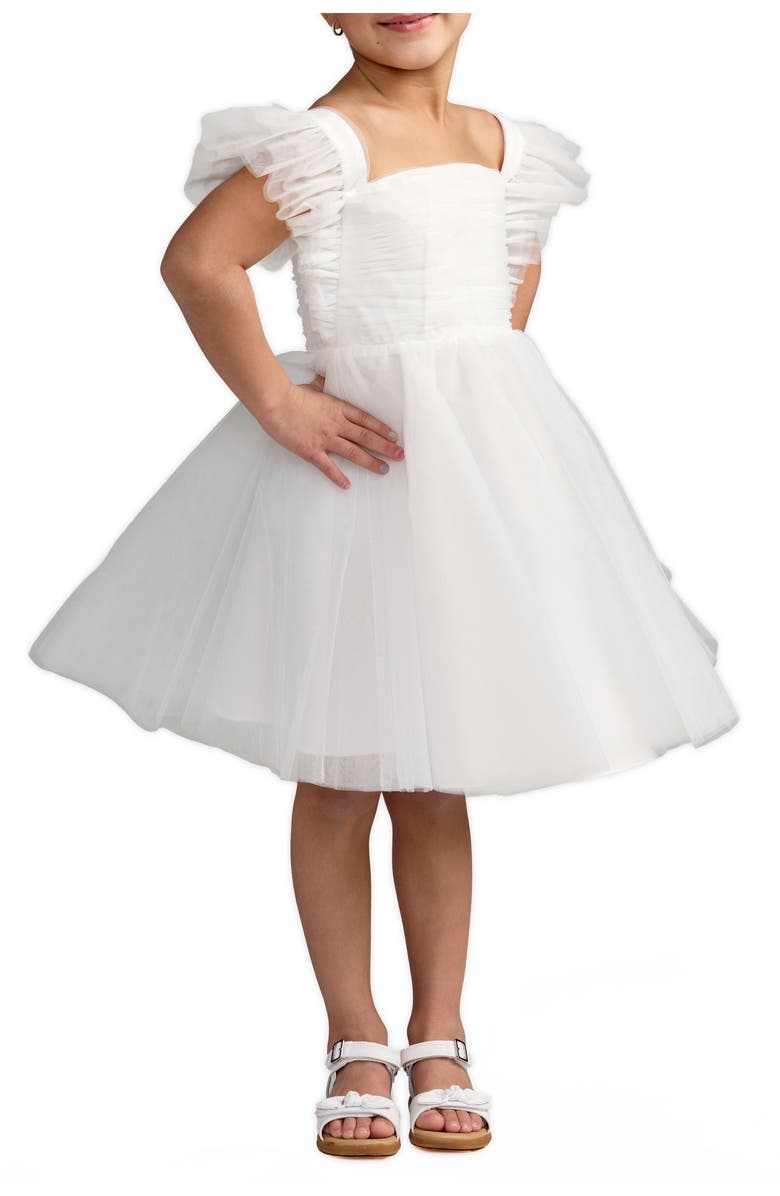 Mac Duggal Girls White Ruffle Shoulder Tulle Dress, Main, color, White