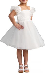 Mac Duggal Girls White Ruffle Shoulder Tulle Dress