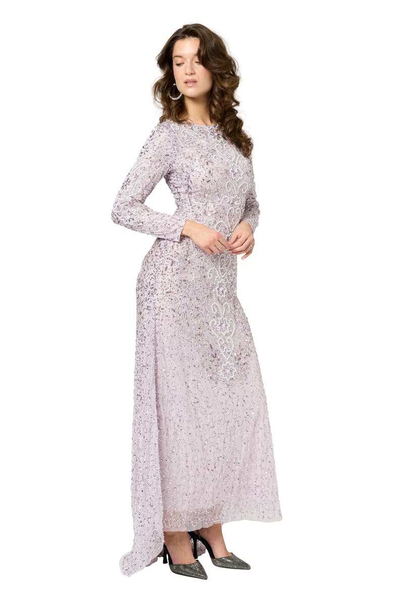 MARYISA Modest Embellished Sequin Beaded Maxi Dress With Trail, Alternate, color, Lilac