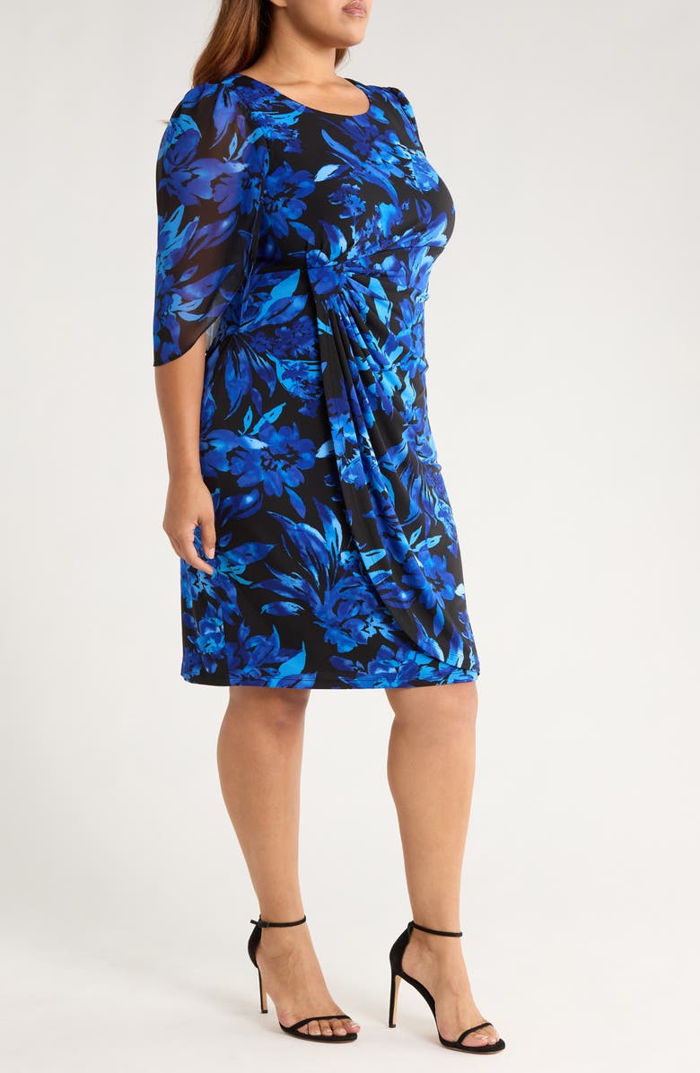 Connected Apparel Floral Cape Sleeve Dress, Alternate, color, Saphire