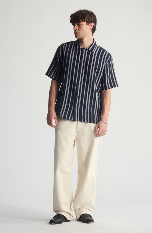 Brooklyn Industries Stripe Short Sleeve Cotton Button-up Shirt In Black