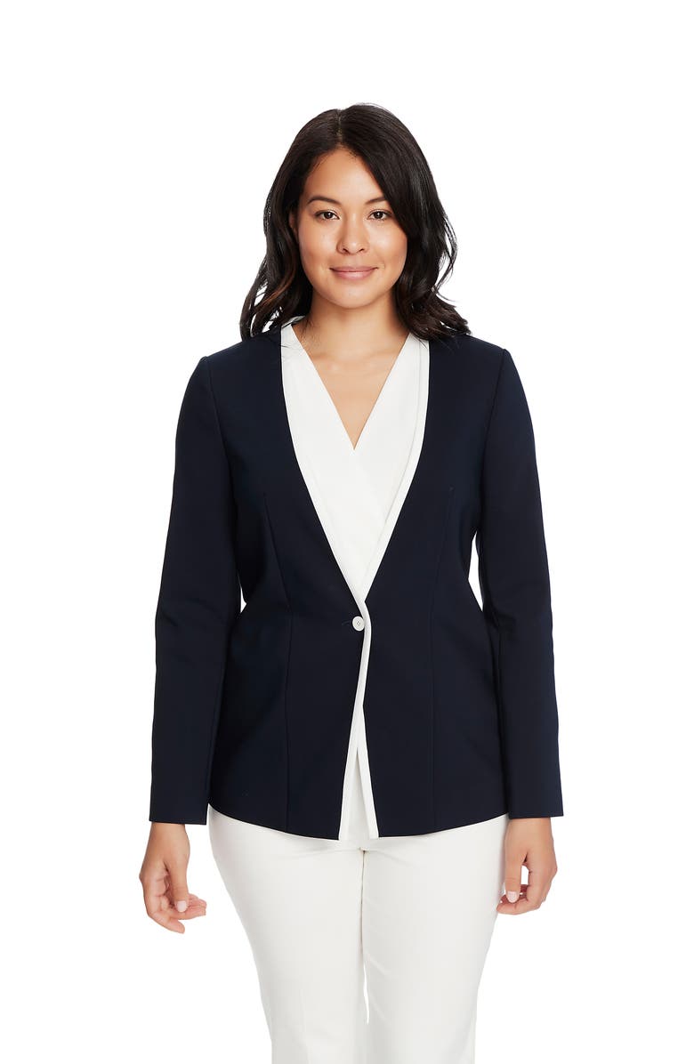 Chaus One-Button Contrast Trim Jacket, Alternate, color, Evening Navy