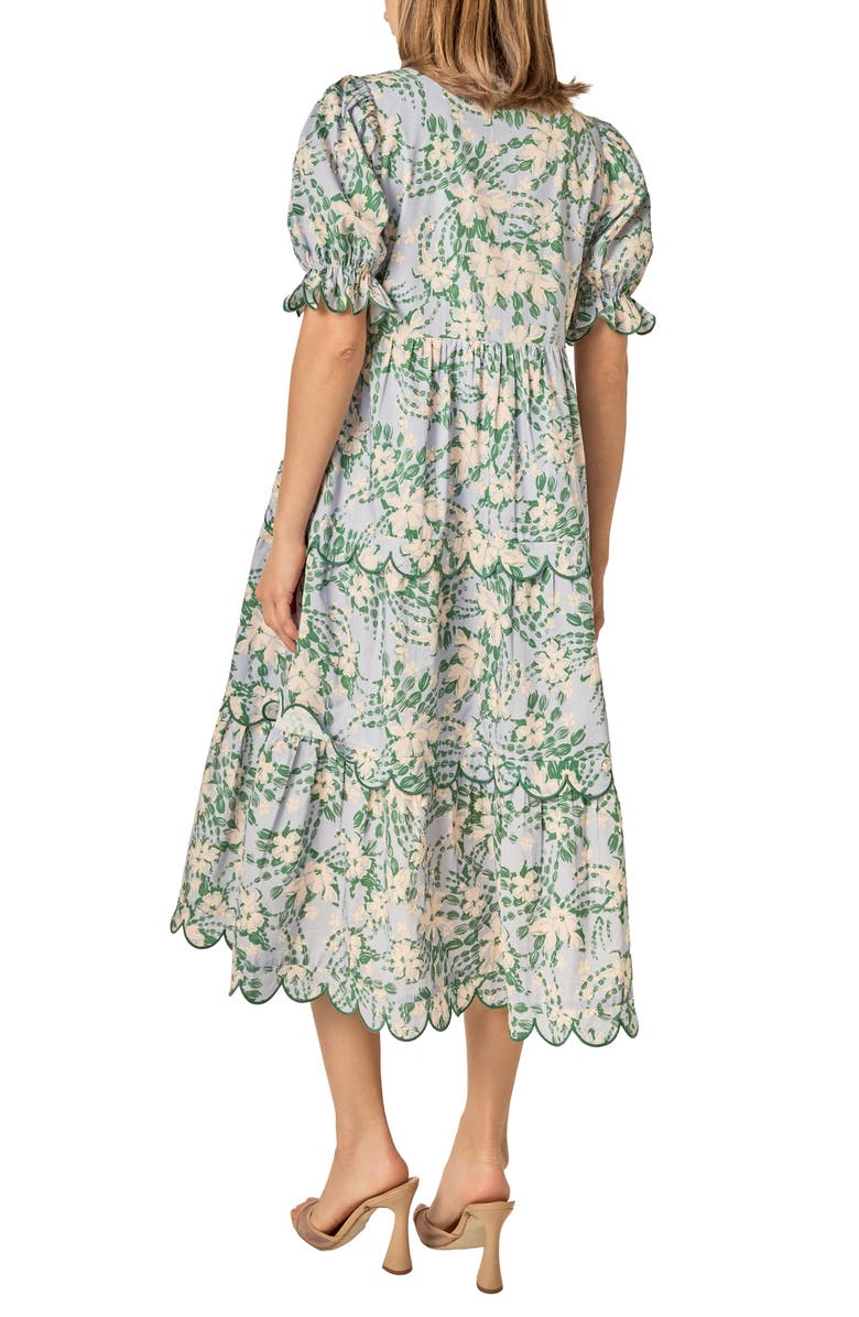 English Factory Floral Scallop Trim Tiered Midi Dress, Alternate, color, Blue
