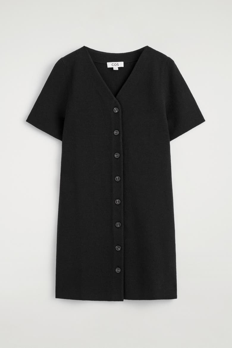Buttoned Milano-knit Mini Dress, Alternate, color, BLACK