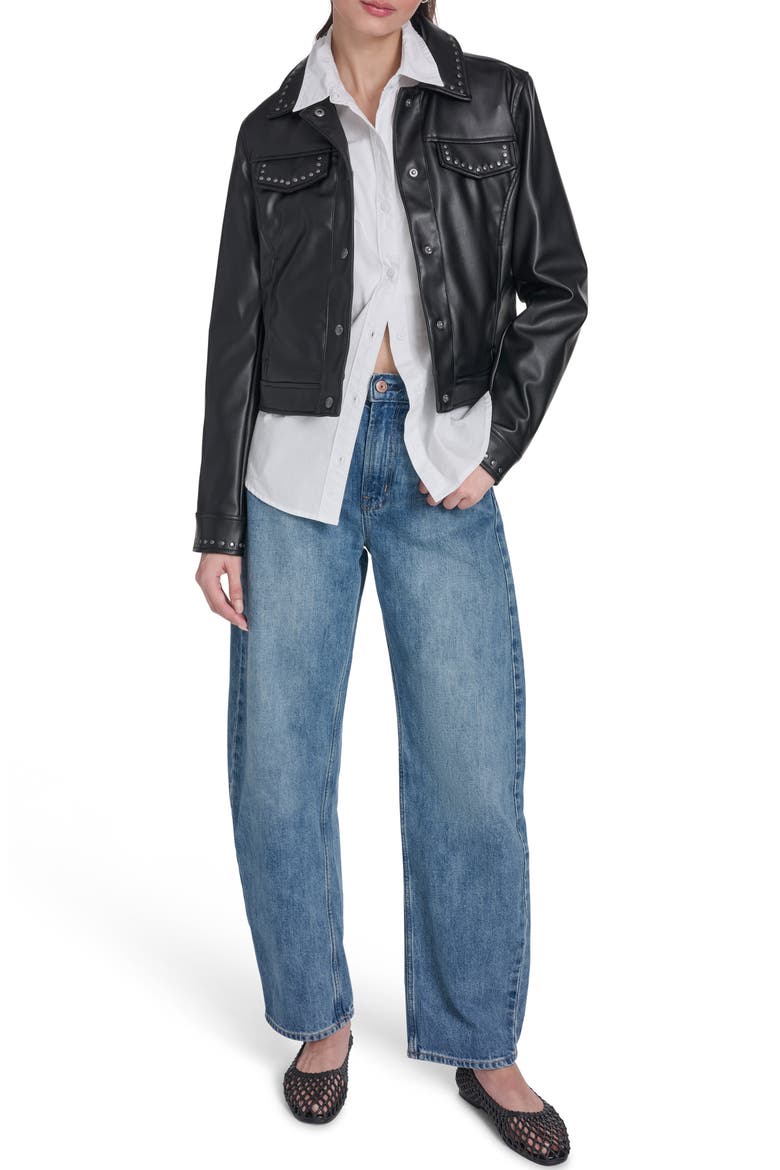 Studded Faux Leather Jacket, Alternate, color, BLACK