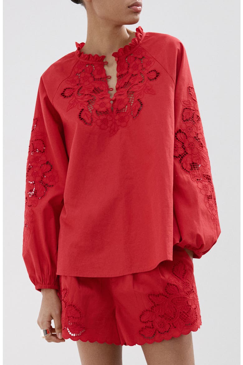 Cotton Ruffle Trim Broderie Anglaise Top, Main, color, RED