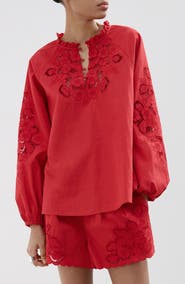MANGO Cotton Ruffle Trim Broderie Anglaise Top