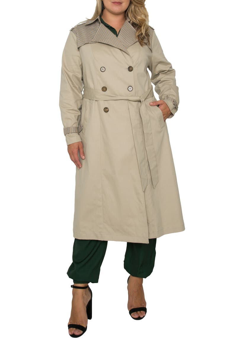 Plaid Detail Stretch Cotton Trench Coat, Main, color, CURRY