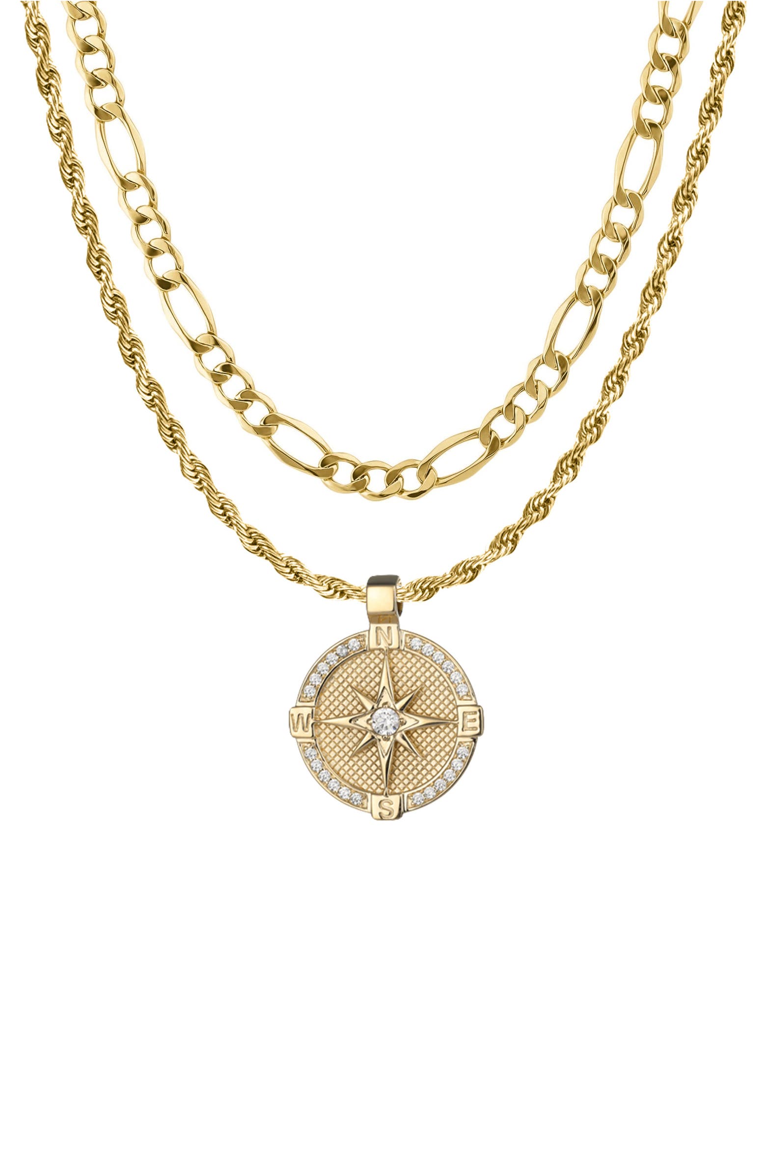 AMERICAN EXCHANGE Men's Set of 2 Figaro Chain & Compass Pendant ...
