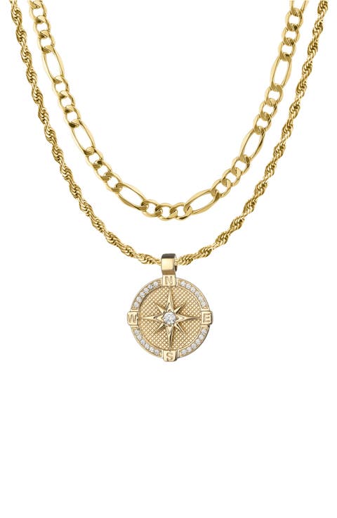 Men's Set of 2 Figaro Chain & Compass Pendant Necklaces