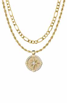 AMERICAN EXCHANGE Men's Set of 2 Figaro Chain & Compass Pendant Necklaces