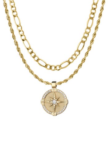 American Exchange Set Of 2 Figaro Chain & Compass Pendant Necklaces In Gold/silver