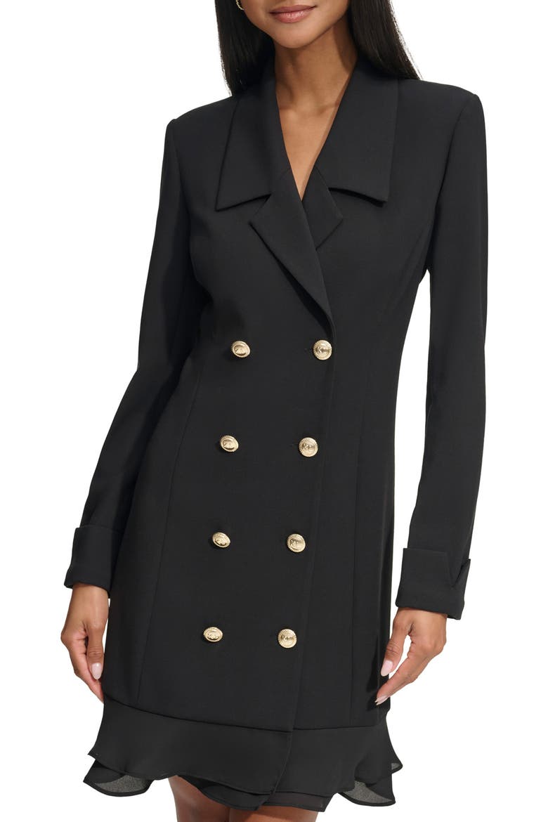 Double Breasted Long Sleeve Scuba Crepe Blazer Dress, Main, color, BLACK